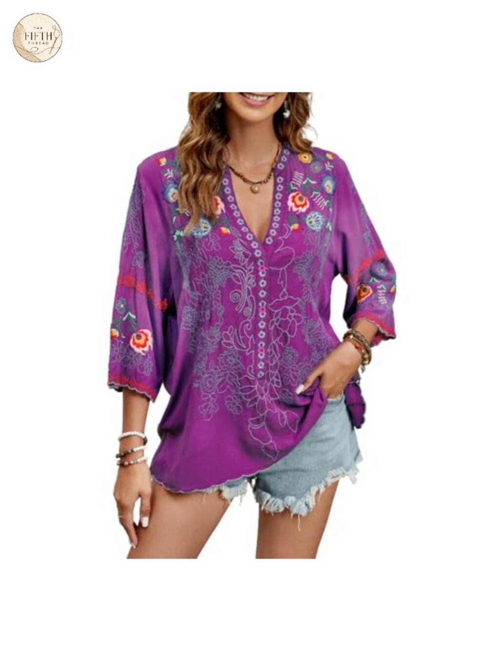Cotton Embroidered Boho Peasant Blouse 3/4 Sleeve V Neck Tunic